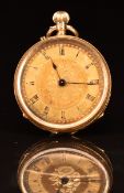 Unnamed 18ct gold keyless winding open faced pocket watch with blued hands, black Roman numerals,