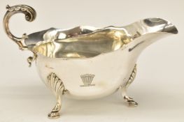 George V hallmarked silver sauce boat with scroll handle, Sheffield 1932, maker Atkin Brothers,