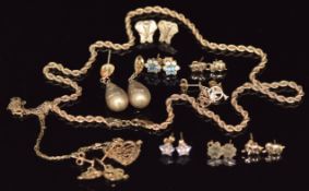 A 9ct gold rope twist necklace, eight pairs of 9ct gold earrings including elephants, dolphins,