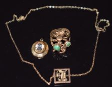 A 9ct gold ring set with turquoise, 9ct gold pendant and 9ct gold slider on a 9ct gold chain, 10.9g