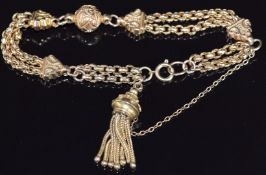 Victorian 9ct gold bracelet made up of faceted links, with tassel charm, 14g, 18cm long