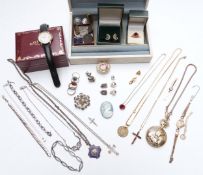A collection of jewellery including silver rings, Rotary watch, silver football medallion, silver