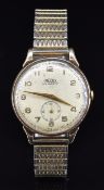 Trebex 9ct gold gentleman's wristwatch with inset subsidiary seconds dial, gold hands and Arabic