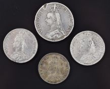 Queen Victoria 1889 Jubilee double florin together with two 1887 Jubilee half crowns and a florin