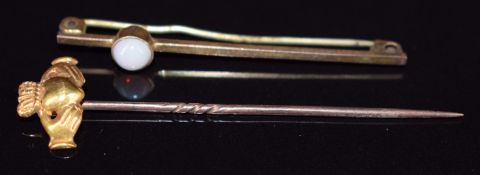An 18ct & 9ct gold Claddagh stick pin and a 9ct gold brooch set with an opal, 3.2g