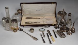 Hallmarked silver mounted dressing table bottles, pots etc, to include epergne, magnifier, mother of