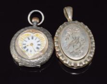 Victorian silver locket engraved with a swallow and a silver fob watch with heart shaped face, verso