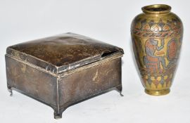Hallmarked silver cigarette box, width 9cm together with a brass Egyptian style vase, with copper