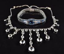 Art Deco silver bracelet set with blue paste and a silver necklace set with paste