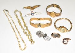 Victorian mourning brooch, silver cufflinks, silver RAF brooch, 18ct gold watch etc