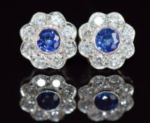 A pair 18ct white gold earrings set with sapphires and diamonds in a cluster, 2.2g, 0.8cm
