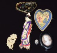 Victorian miniature cameo depicting a skull and crossbones, Indian painted bone brooch, Victorian