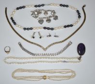 A silver curb link bracelet, silver earrings set with synthetic opals, silver gilt necklace, three