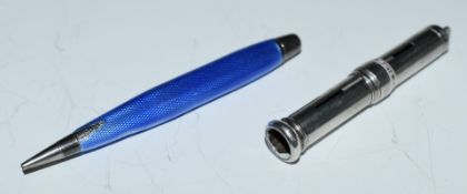 Silver pen set with blue guilloché enamel, marked 935 foreign, length 7.5cm and an Edward VII