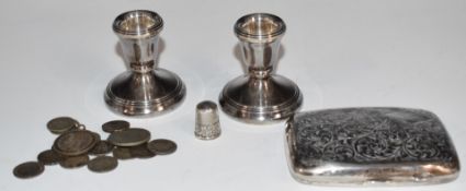 Hallmarked silver cigarette case weight 61g, pair of silver hallmarked candlesticks, height 5cm,