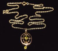 Edwardian 9ct gold pendant set with glass on 9ct gold chain, 6.6g, pendant 4cm and chain 54cm