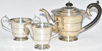 Art Deco hallmarked silver three piece teaset, Chester 1937, maker S Blanckensee & Son Ltd, length
