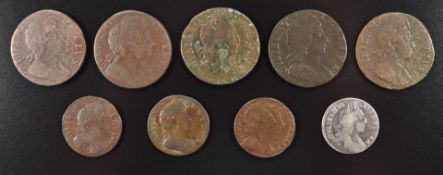 William III halfpennies, farthings and a sixpence with plain angles, together with a William and