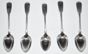 Set of five William IV hallmarked silver Fiddle pattern teaspoons, London 1830, maker James Henry