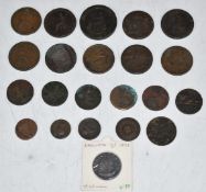 A collection of twenty two UK copper coins, Charles II onwards, includes provincial tokens, George