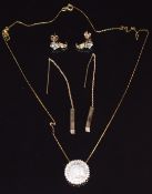 Two pairs of 9ct gold earrings, one pair set with topaz and diamonds and a 9ct gold pendant set with