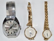 Three various watches comprising an Ingersoll 9ct gold ladies wristwatch, a further 9ct gold example