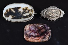 Victorian brooch set with dendric agate (6 x 3.5cm), Victorian silver brooch and blue john plaque
