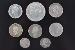 George IV 1821 half crown, together with four shilling coins, 1825 and three 1826, one holed, and