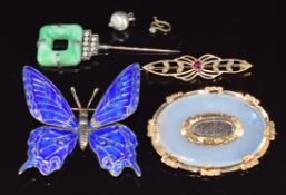 Victorian mourning brooch set with chalcedony, plaited hair and gold mounts, silver butterfly brooch