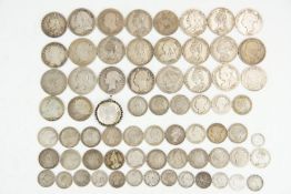 Approximately 500g of Victorian silver coins, includes young head half crowns