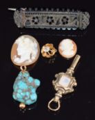 Victorian watch key, carved jet brooch, cameo signed to back, section of gold stick pin set with a