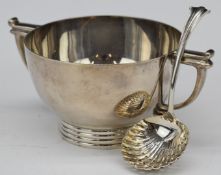 Art Deco hallmarked silver twin handled sugar bowl and sifter spoon, Sheffield 1946, maker James