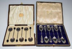 Two cased sets of spoons, one coffee bean spoons, Birmingham 1928, maker William Suckling Ltd, the