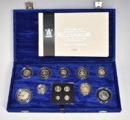 Royal Mint UK Millennium Silver Coin Collection comprising thirteen coins including a Maundy set, in
