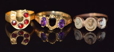 Victorian 22ct gold ring set with garnets (1.8g) and two Victorian 9ct gold rings set with lava