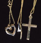 Three 9ct gold pendants, one set with a diamond, and three 9ct gold chains, 6.8g