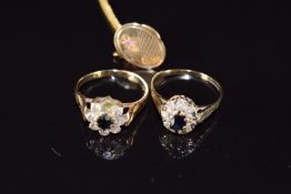 Two 9ct gold rings and a 9ct gold tie pin, 4.7g