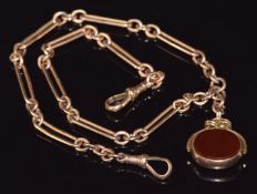 Victorian 9ct rose gold Albert / fob chain made up of oval and elongated links with swivel fob set