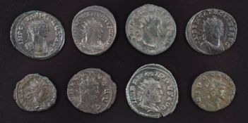 Eight Roman imperial Antoninianus coins comprising Tacitus Philip I, Aurelian, Gallienus, Valerian