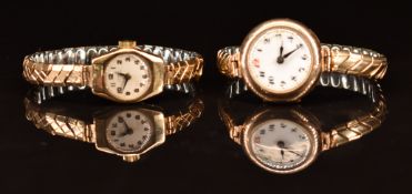 Two 9ct gold ladies wristwatches Lanco and one other, both on expanding gold plated bracelet,