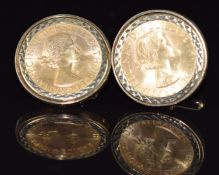 A pair of 9ct gold cufflinks set with a 1958 gold full sovereign to each, 26.7g