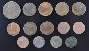 Thirteen pieces of Charles II copper coinage, farthings and a halfpenny, overall poor - fine,