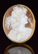Continental c1900 yellow metal brooch set with a cameo depicting a classical woman with grapes to
