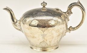 William IV hallmarked silver bullet shaped teapot with engraved decoration, London 1836, maker