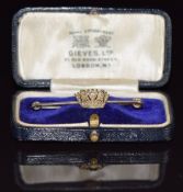 A 15ct gold coronet bar brooch set with seed pearls, in Gieves Ltd, London box, 2g. 4cm