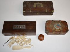 Burr wood and gilt metal mounted cased sewing kit, rosewood campaign style glove box, further box