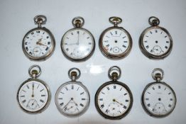 Eight hallmarked and other silver keyless winding open faced pocket watches including Enigma,