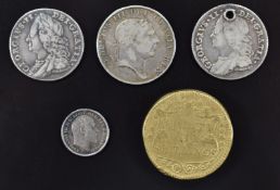 George III 1813 Irish tenpence bank token together with two George II sixpences plain angles (one