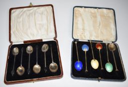Art Deco cased set of six hallmarked silver gilt and guilloché enamel teaspoons, Birmingham 1936,