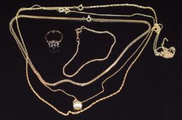 Three 9ct gold necklaces, 9ct gold bracelet, section of 9ct gold chain and a 9ct gold ring set